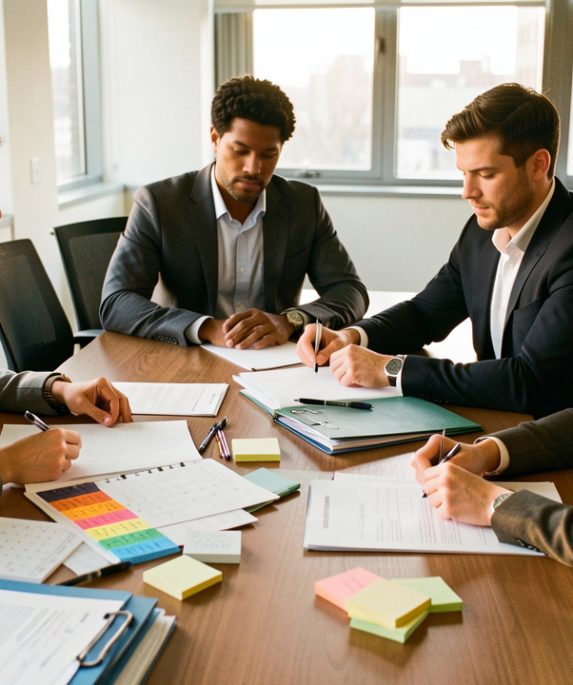Trois collaborateurs réunis autour d’une table de conférence pour préparer une élection professionnelle, avec des documents vierges, un calendrier coloré et des fournitures de bureau.