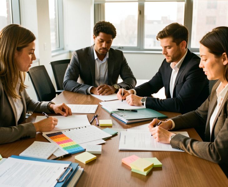 Trois collaborateurs réunis autour d’une table de conférence pour préparer une élection professionnelle, avec des documents vierges, un calendrier coloré et des fournitures de bureau.