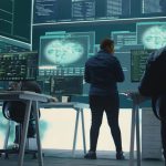 Équipe informatique surveillant des écrans de sécurité dans les locaux d’une entreprise